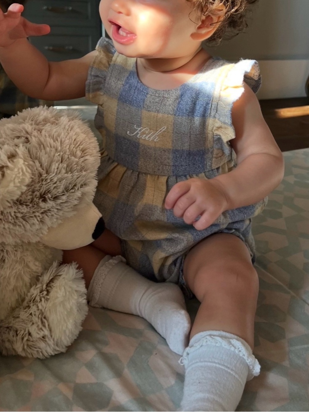 Kith Baby Blue and Pale Yellow Plaid Baby Romper with Ruffle Shoulders